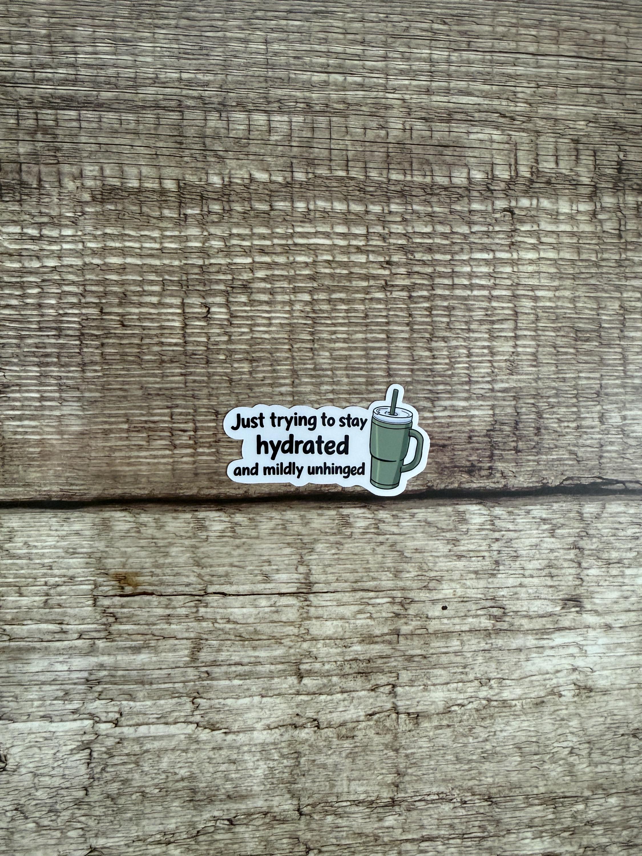 Funny Relatable Waterproof Sticker “Just trying to stay hydrated and mildly unhinged” Vinyl Decal Gift