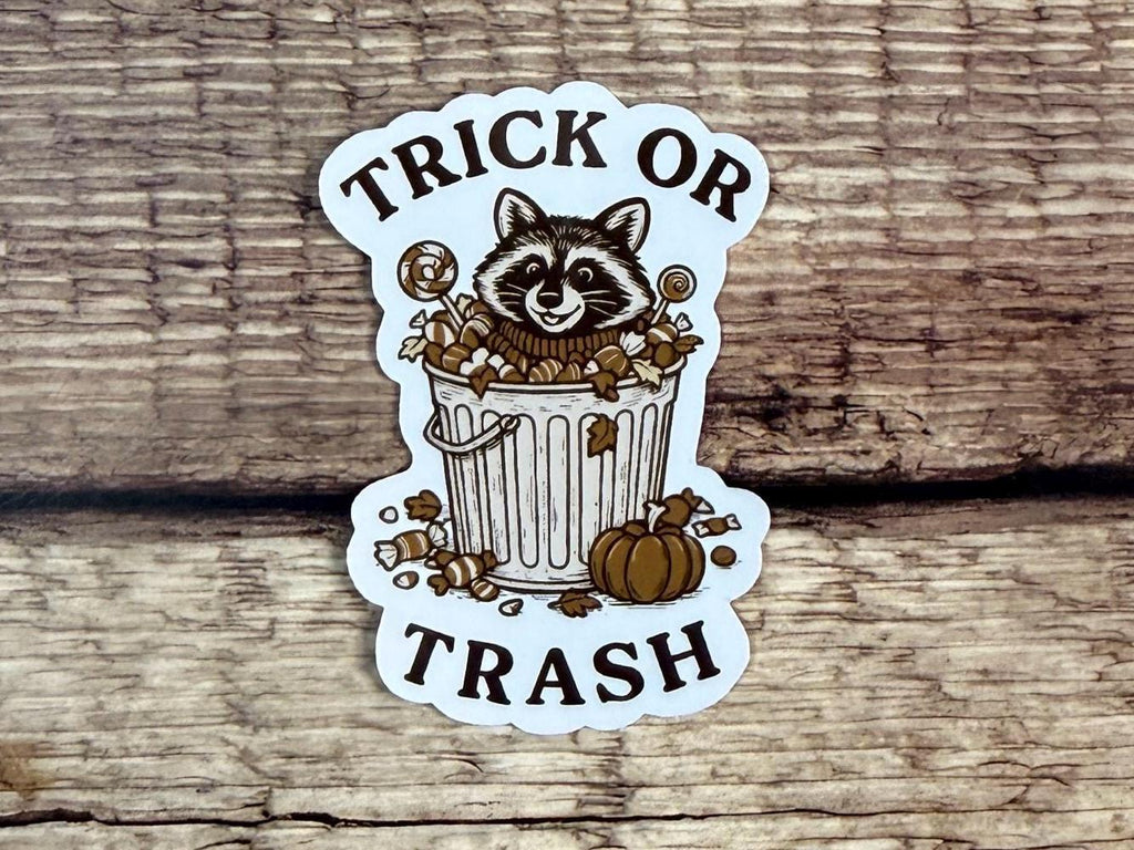 Funny Halloween Raccoon Sticker: Trick or Trash Waterproof Vinyl Decal