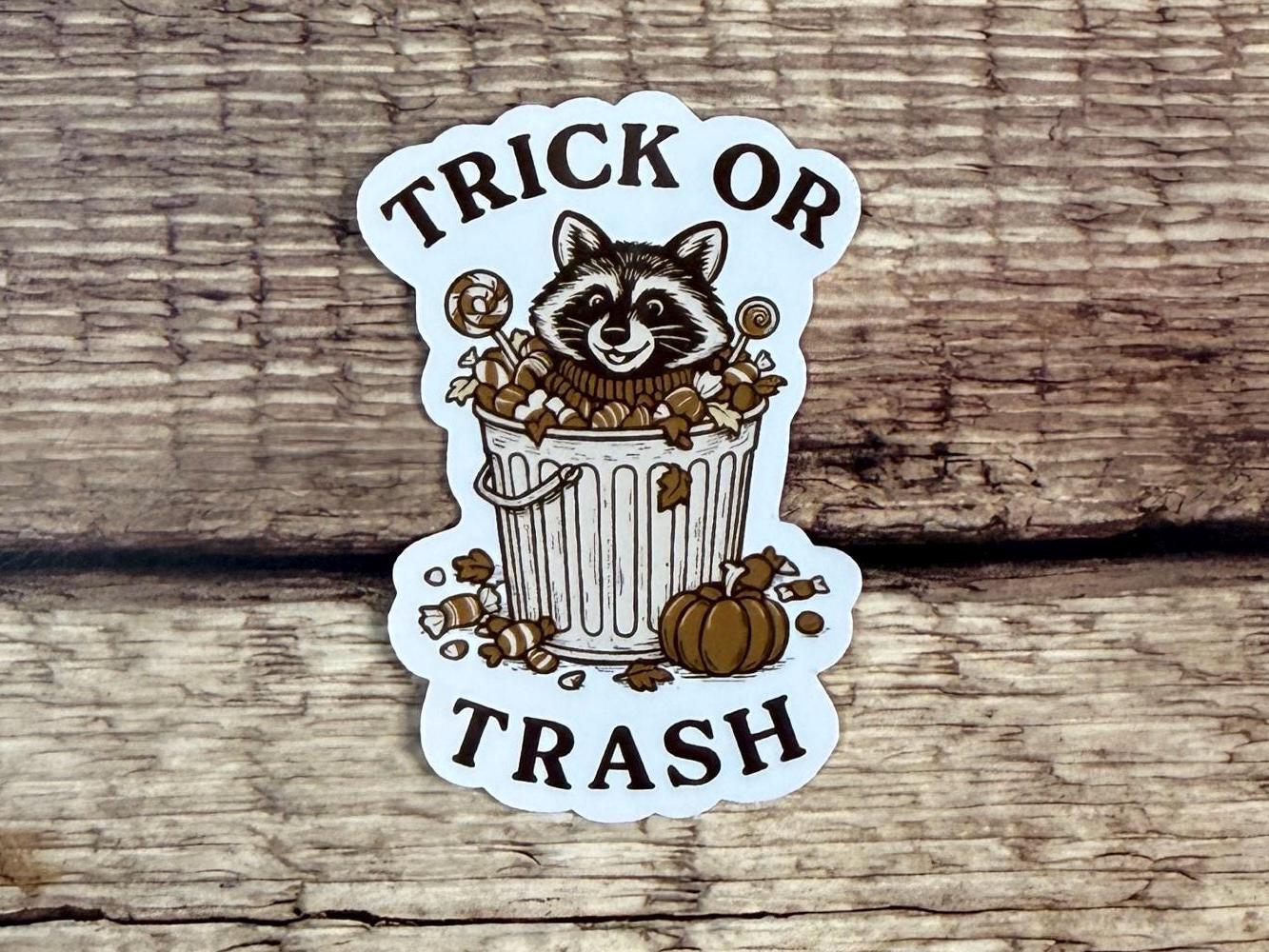 Funny Halloween Raccoon Sticker: Trick or Trash Waterproof Vinyl Decal