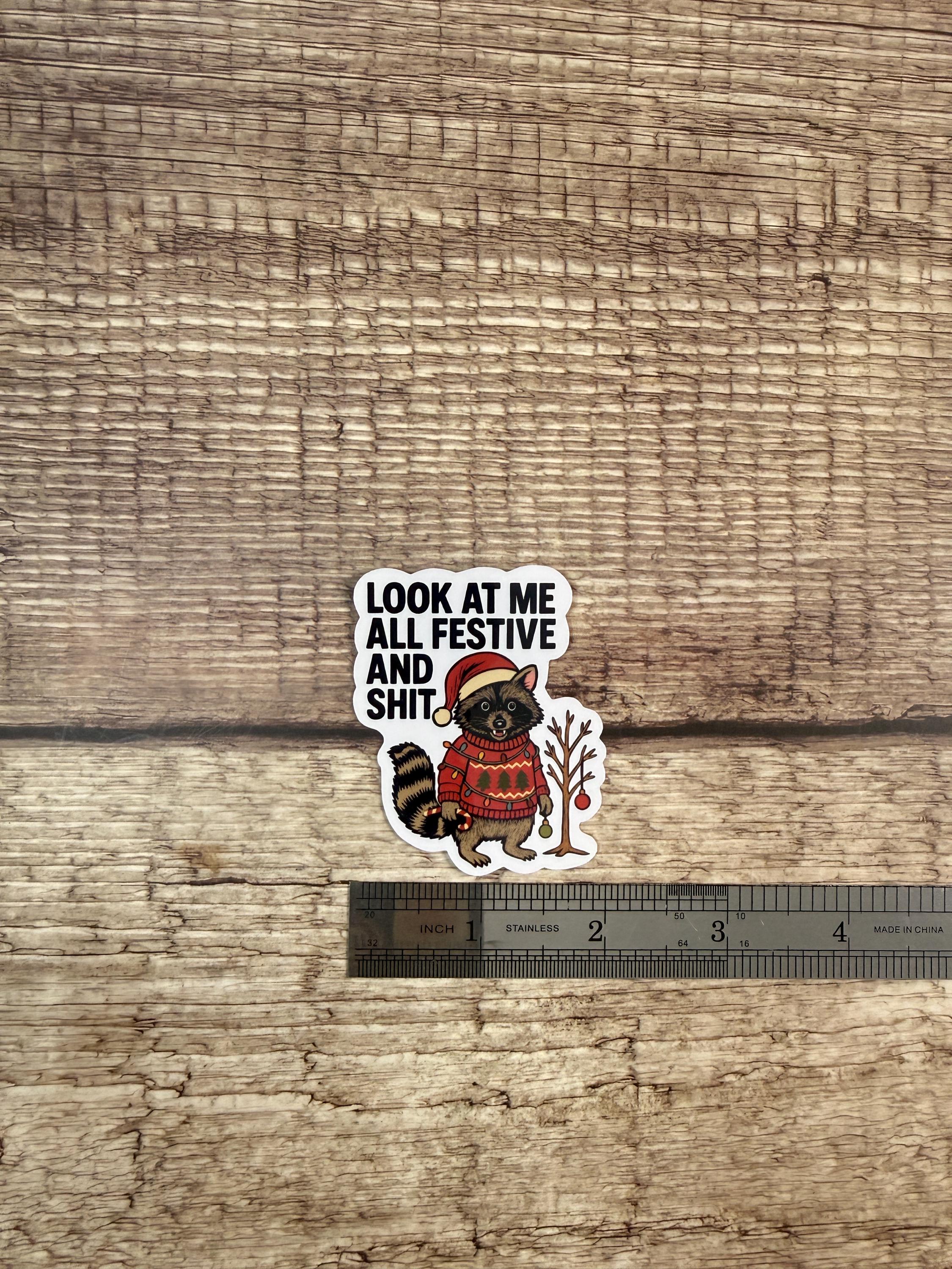 Funny Holiday Waterproof Sticker – Festive and Shit Raccoon In Sweater Vinyl Decal Gift