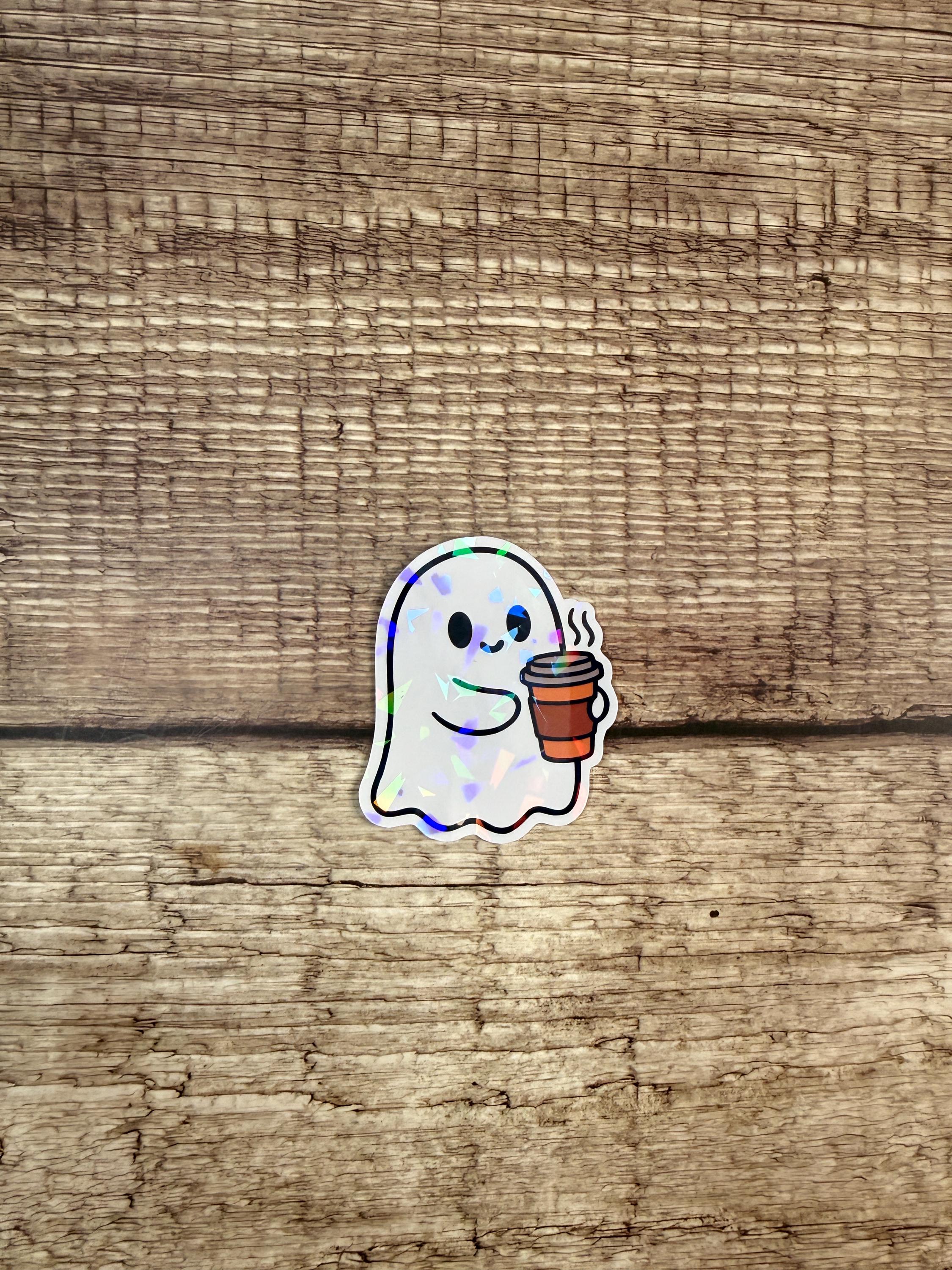 Holographic Halloween Waterproof Sticker – Cute Ghost with Coffee Vinyl Decal Gift