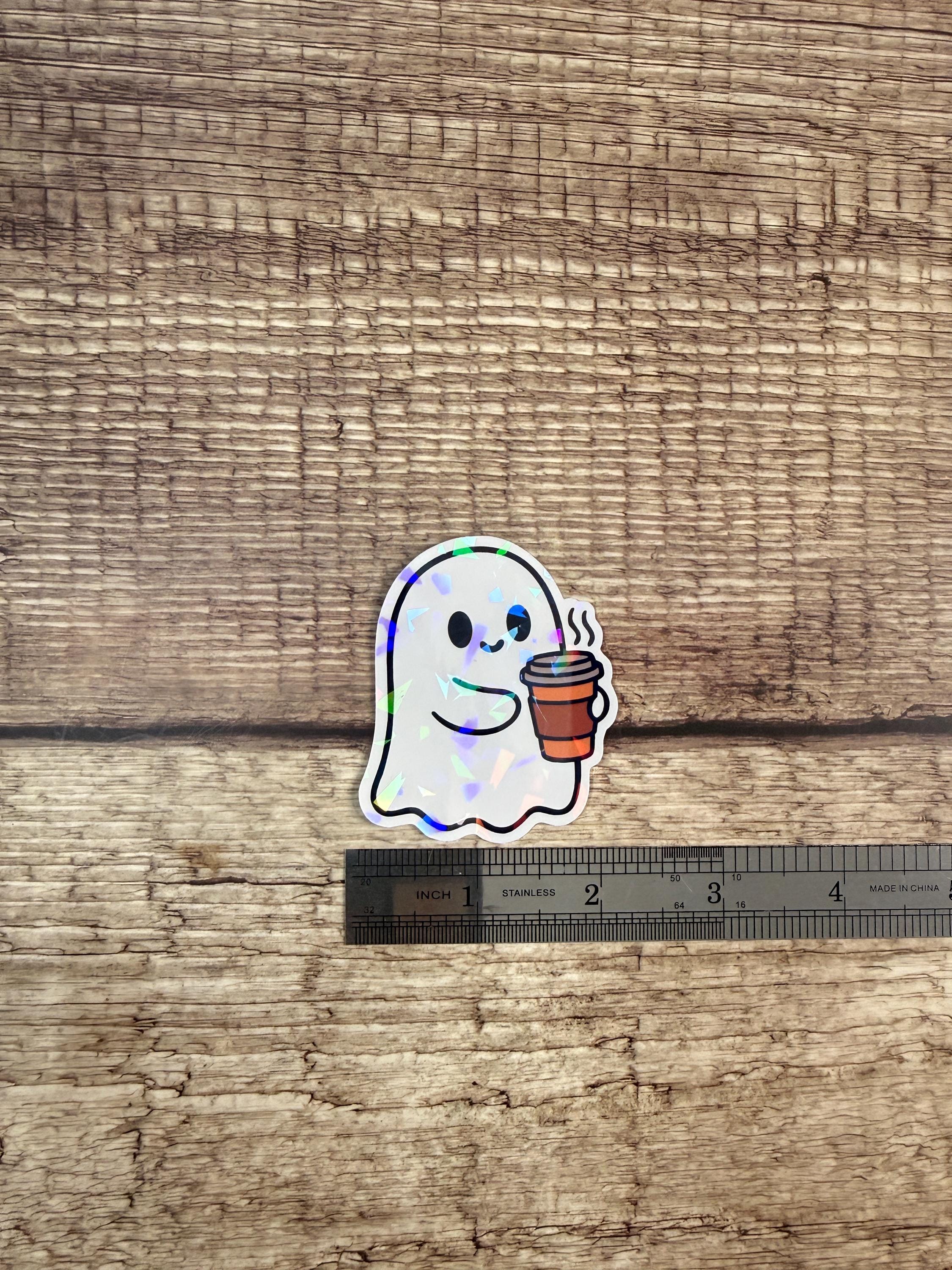 Holographic Halloween Waterproof Sticker – Cute Ghost with Coffee Vinyl Decal Gift