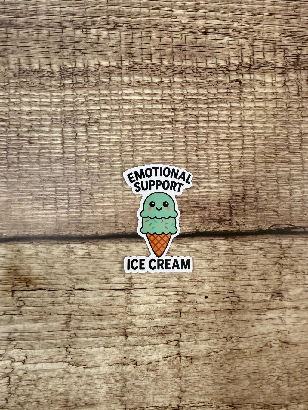 Funny Food Pun Waterproof Sticker: Emotional Support Ice Cream Vinyl Decal Gift
