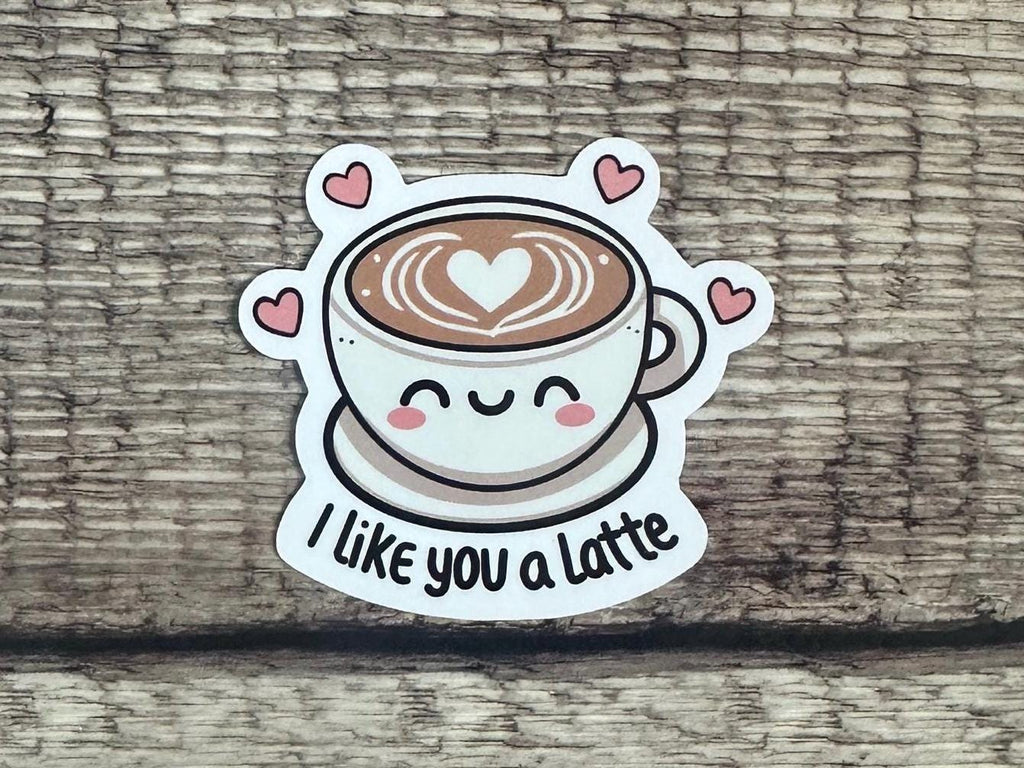 Cute Coffee Pun Waterproof Sticker "I Like You a Latte" - Funny Coffee Lover Gift - Vinyl Decal for Laptops & Water Bottles