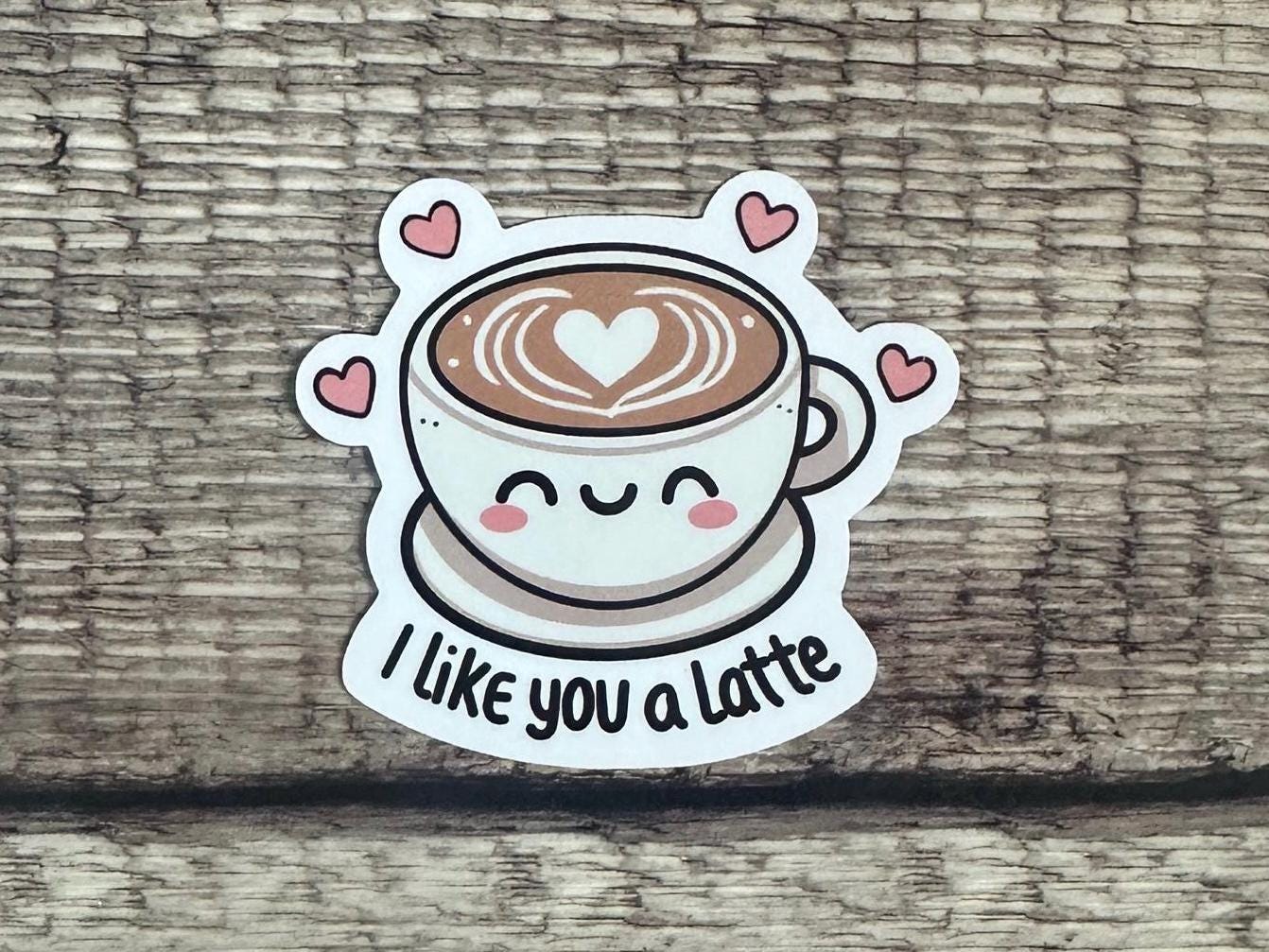 Cute Coffee Pun Waterproof Sticker "I Like You a Latte" - Funny Coffee Lover Gift - Vinyl Decal for Laptops & Water Bottles