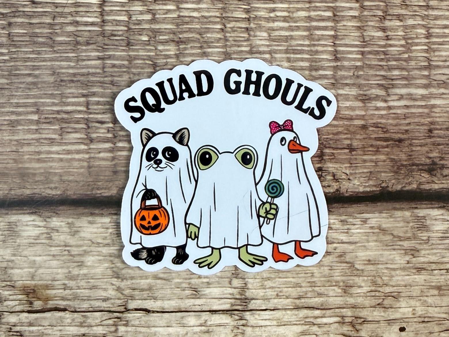 Cute Halloween Waterproof Sticker "Squad Ghouls" Raccoon, Frog, Goose Ghosts Vinyl Decal