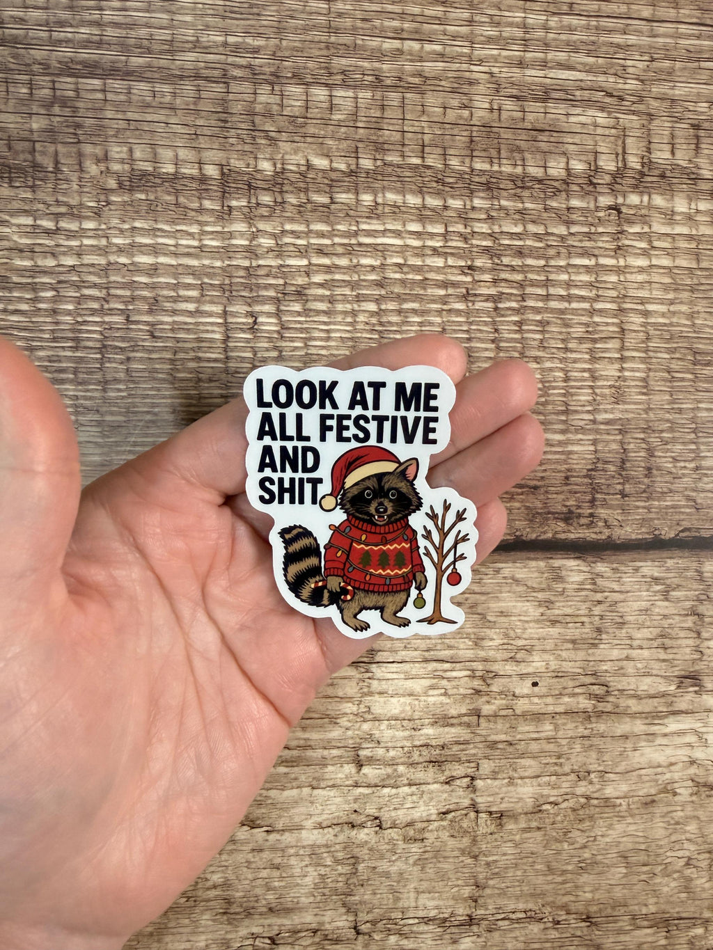 Funny Holiday Waterproof Sticker – Festive and Shit Raccoon In Sweater Vinyl Decal Gift