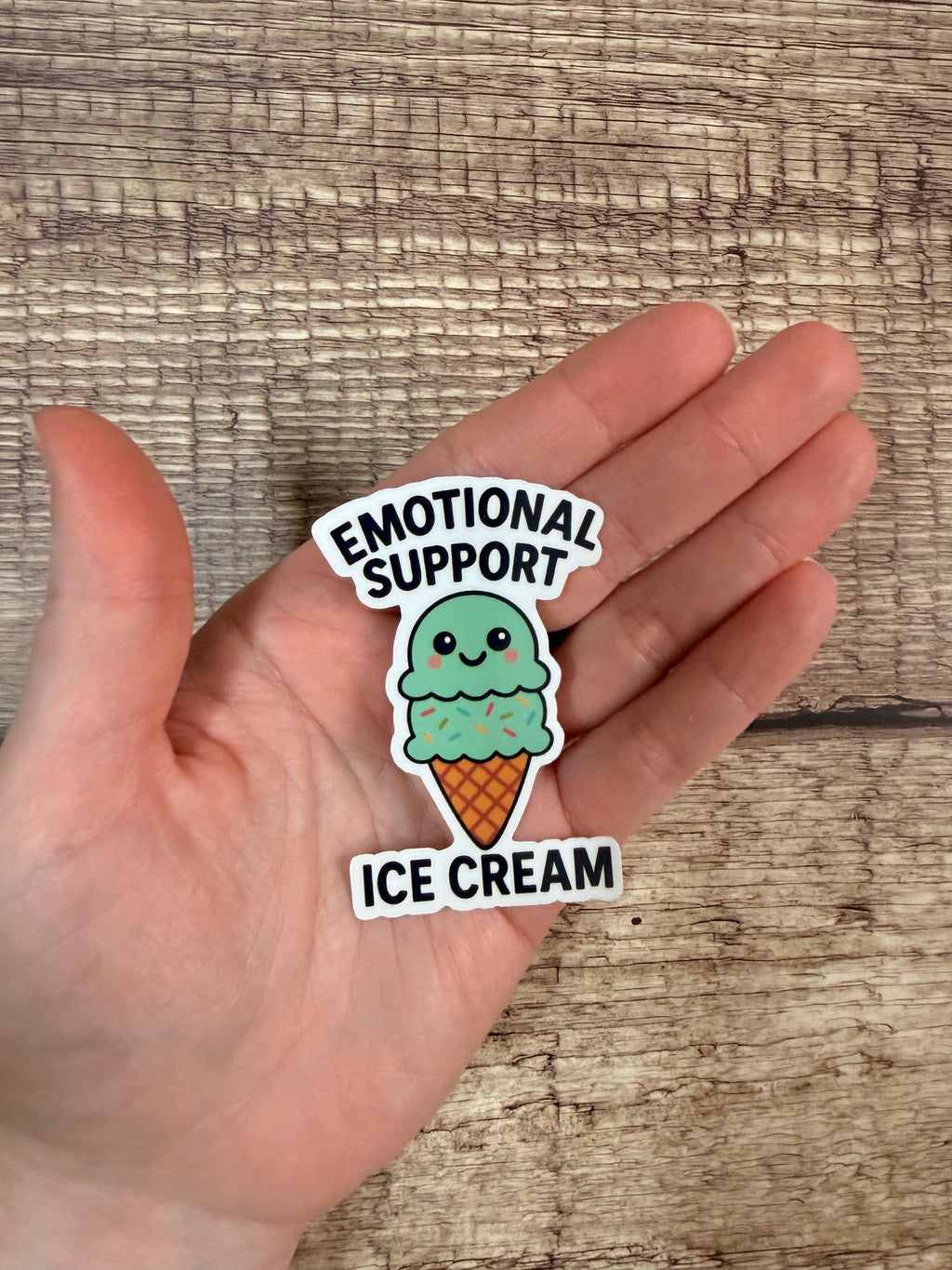 Funny Food Pun Waterproof Sticker: Emotional Support Ice Cream Vinyl Decal Gift