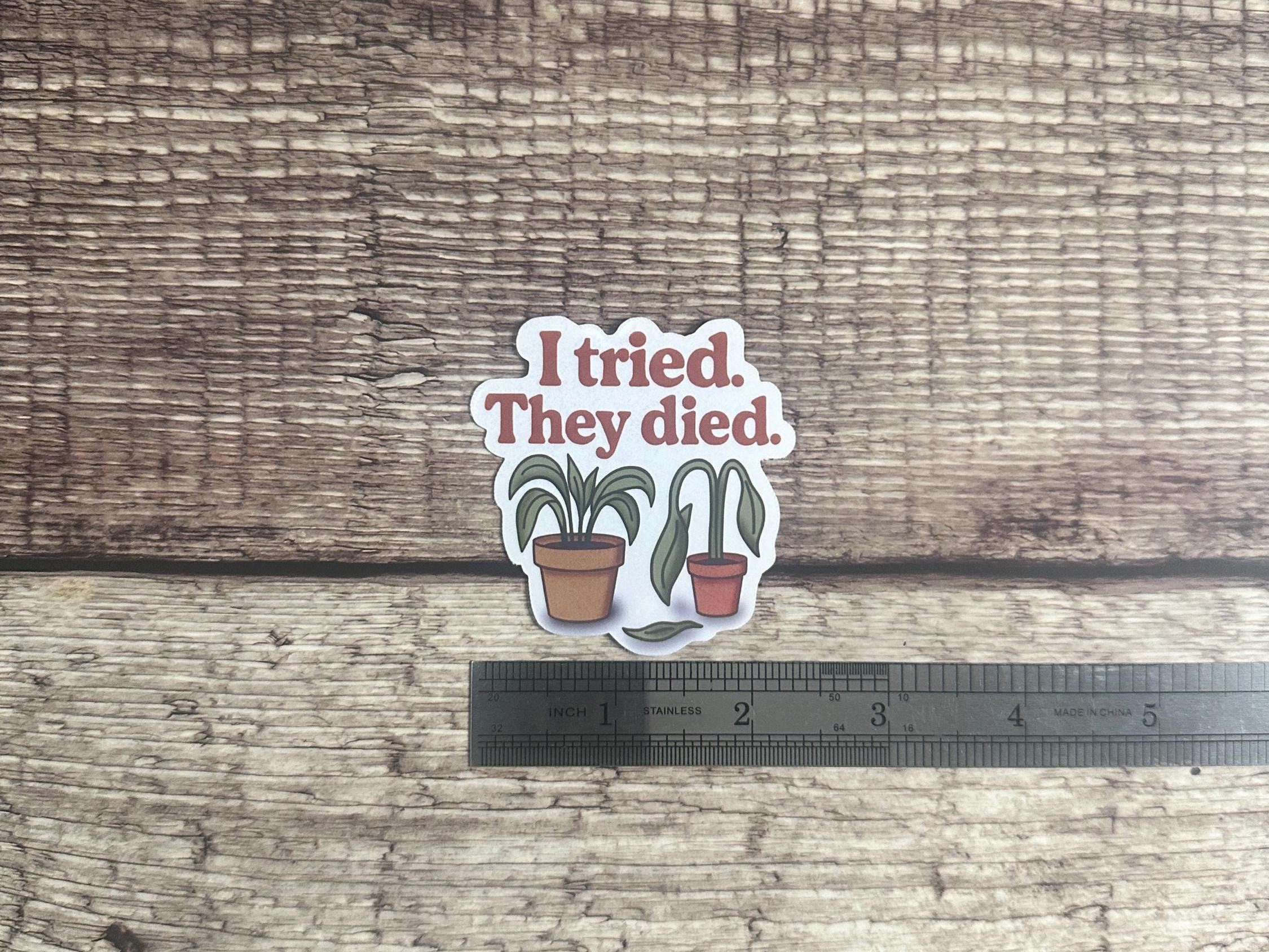 Funny Houseplant Waterproof Sticker: "I Tried They Died" Sarcastic Plant Lover Vinyl Decal Gift