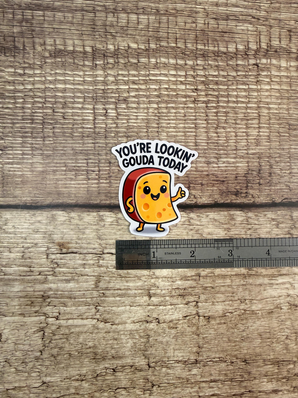 Funny Food Pun Waterproof Sticker: You’re Lookin' Gouda Vinyl Decal Gift