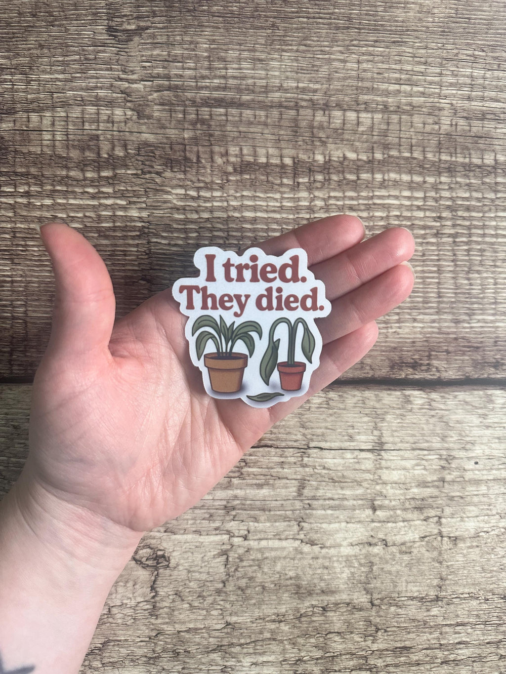 Funny Houseplant Waterproof Sticker: "I Tried They Died" Sarcastic Plant Lover Vinyl Decal Gift