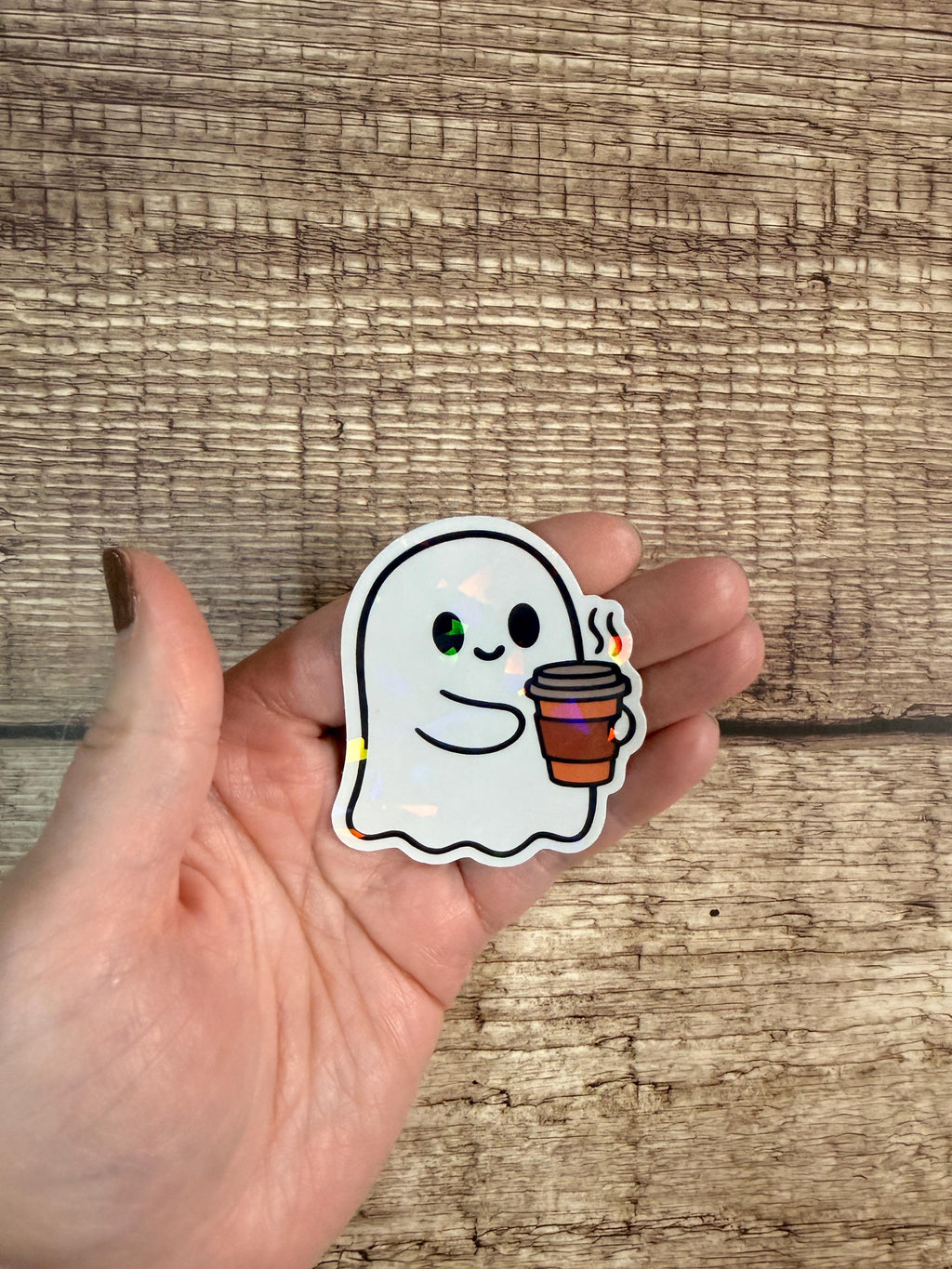 Holographic Halloween Waterproof Sticker – Cute Ghost with Coffee Vinyl Decal Gift