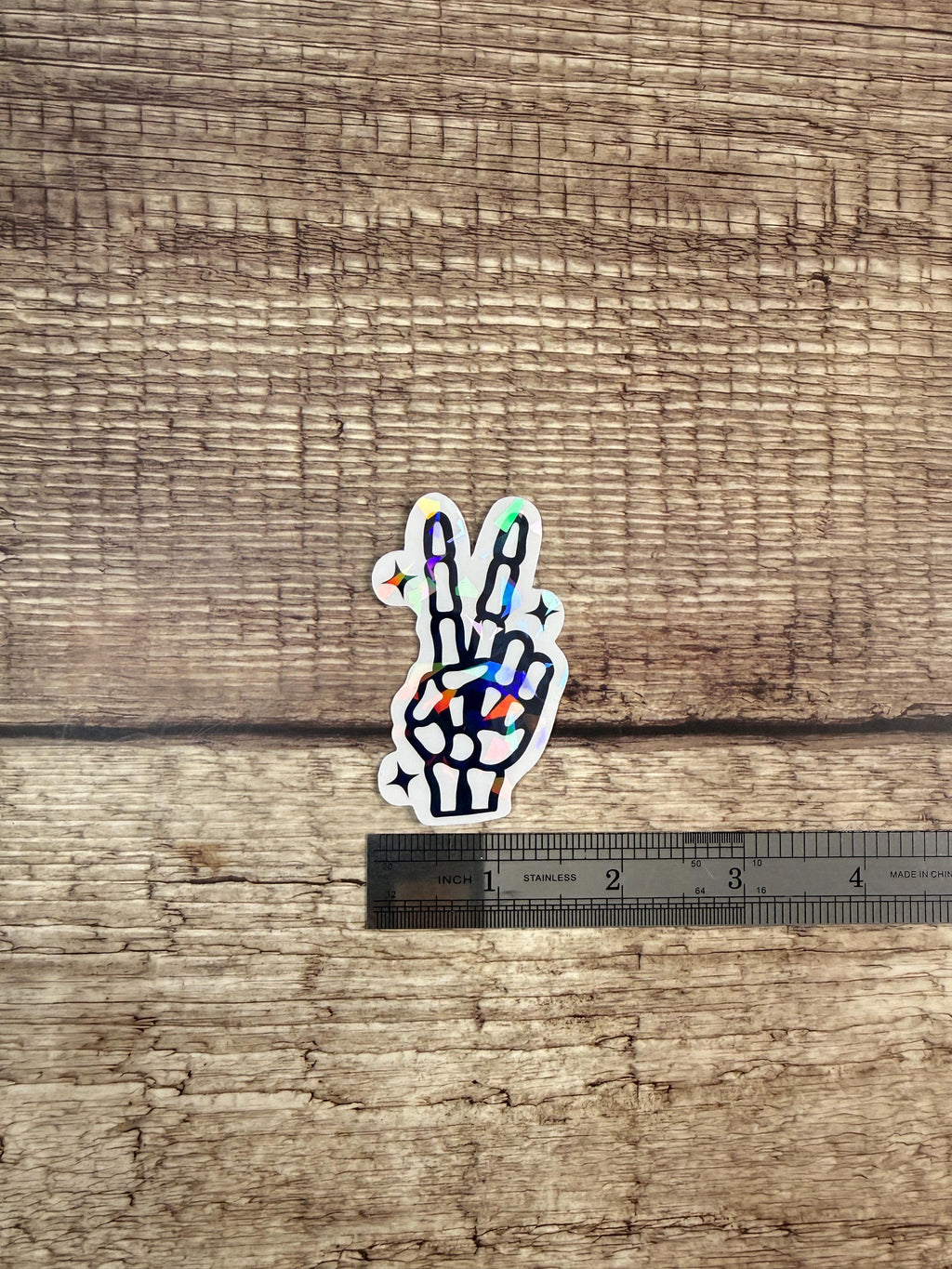 Holographic Halloween Waterproof Sticker – Skeleton Peace Sign Vinyl Decal Gift