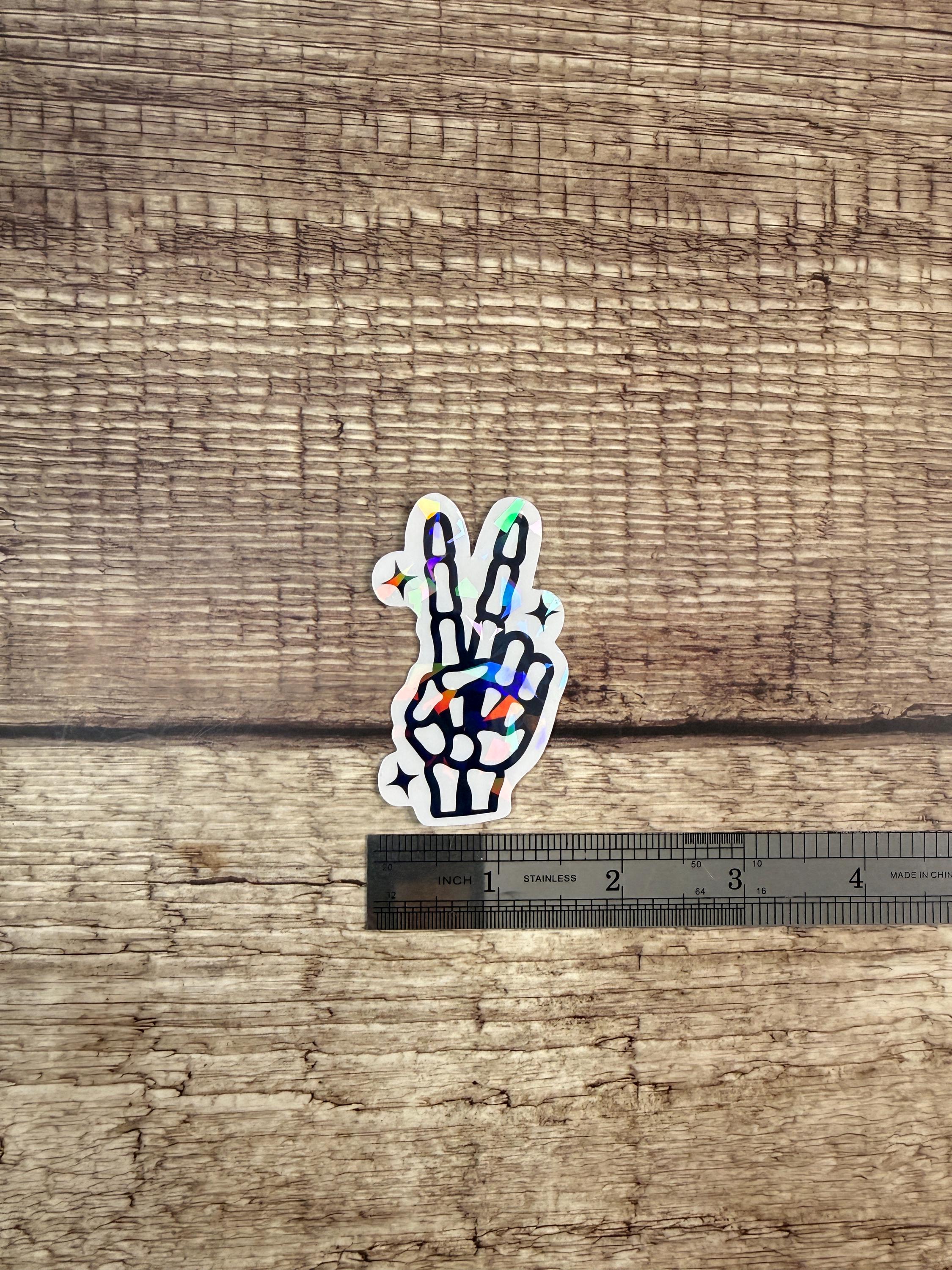 Holographic Halloween Waterproof Sticker – Skeleton Peace Sign Vinyl Decal Gift
