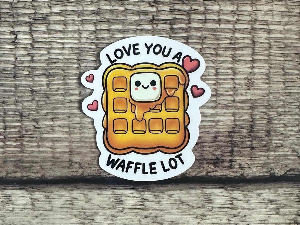 Funny Food Lover Waterproof Sticker "Love You a Waffle Lot" – Cute Food Pun Vinyl Decal Gift