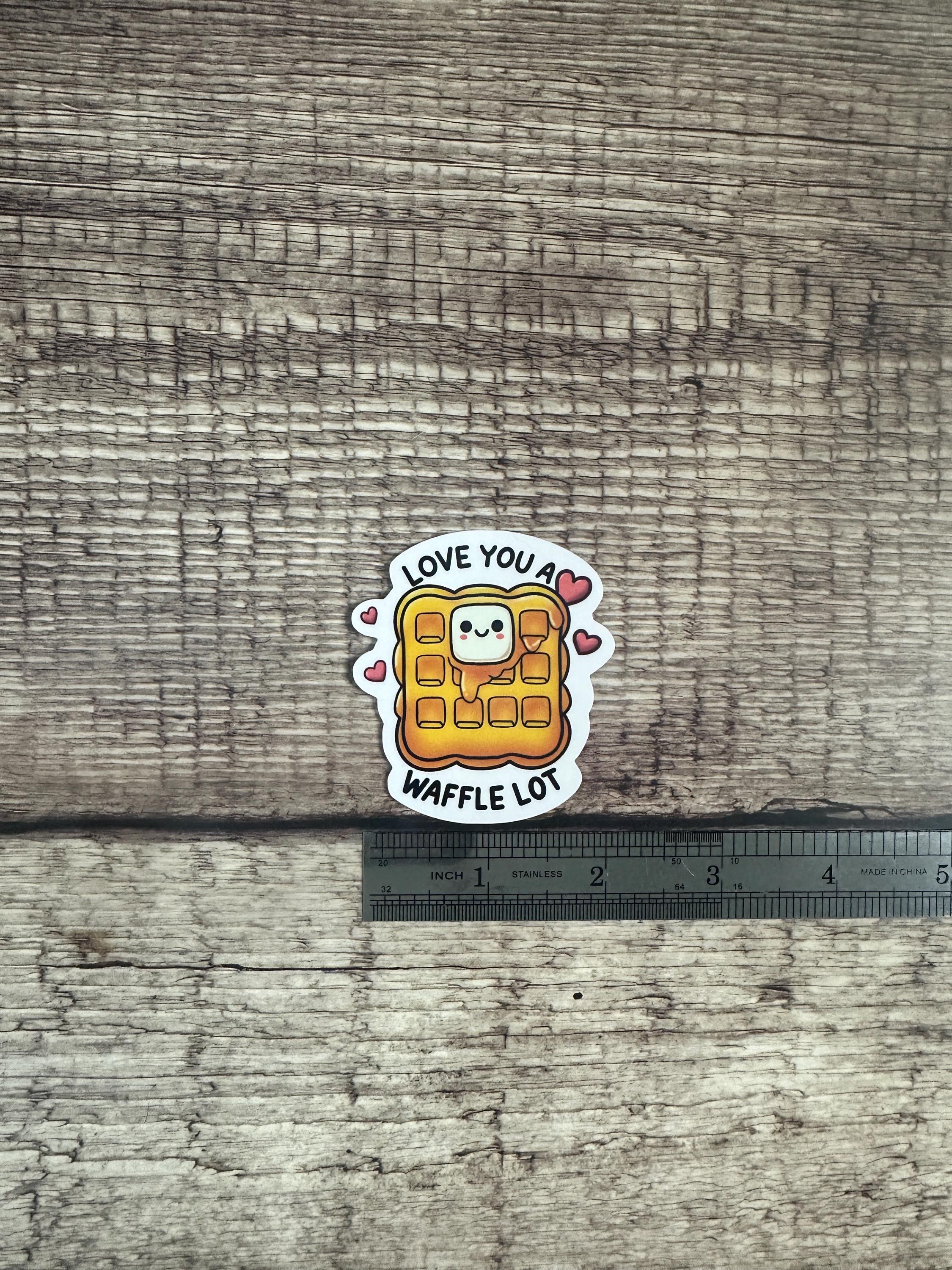 Funny Food Lover Waterproof Sticker "Love You a Waffle Lot" – Cute Food Pun Vinyl Decal Gift