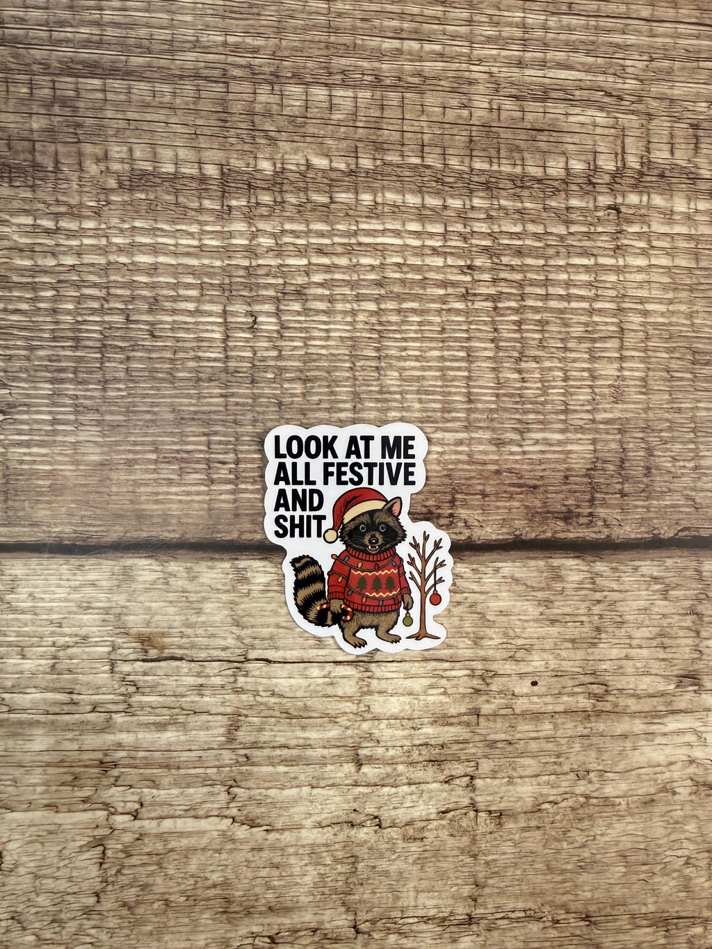 Funny Holiday Waterproof Sticker – Festive and Shit Raccoon In Sweater Vinyl Decal Gift