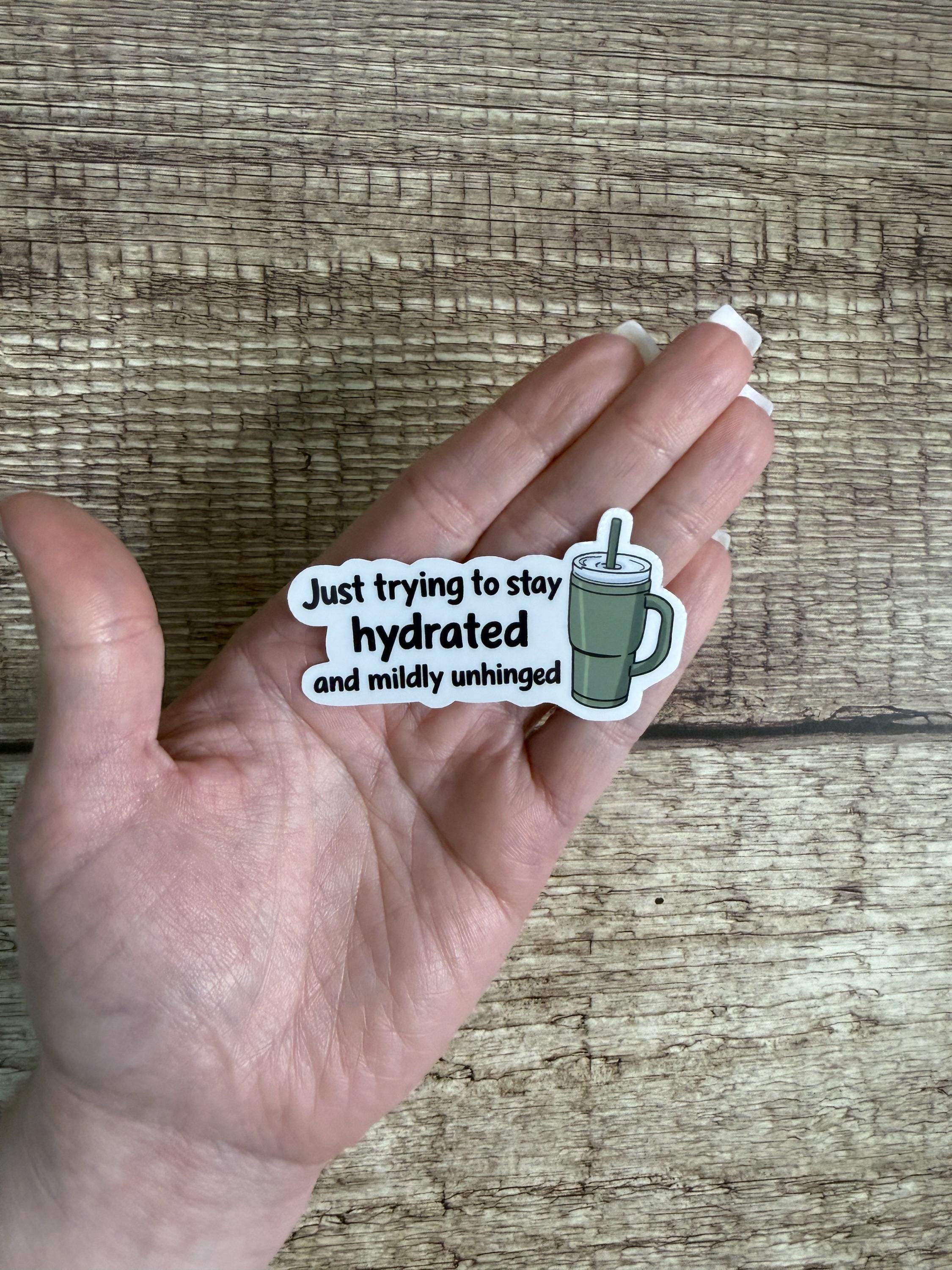 Funny Relatable Waterproof Sticker “Just trying to stay hydrated and mildly unhinged” Vinyl Decal Gift