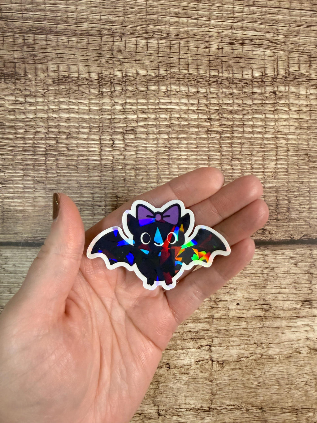 Holographic Halloween Waterproof Sticker – Cute Bat with Bow Vinyl Decal Gift