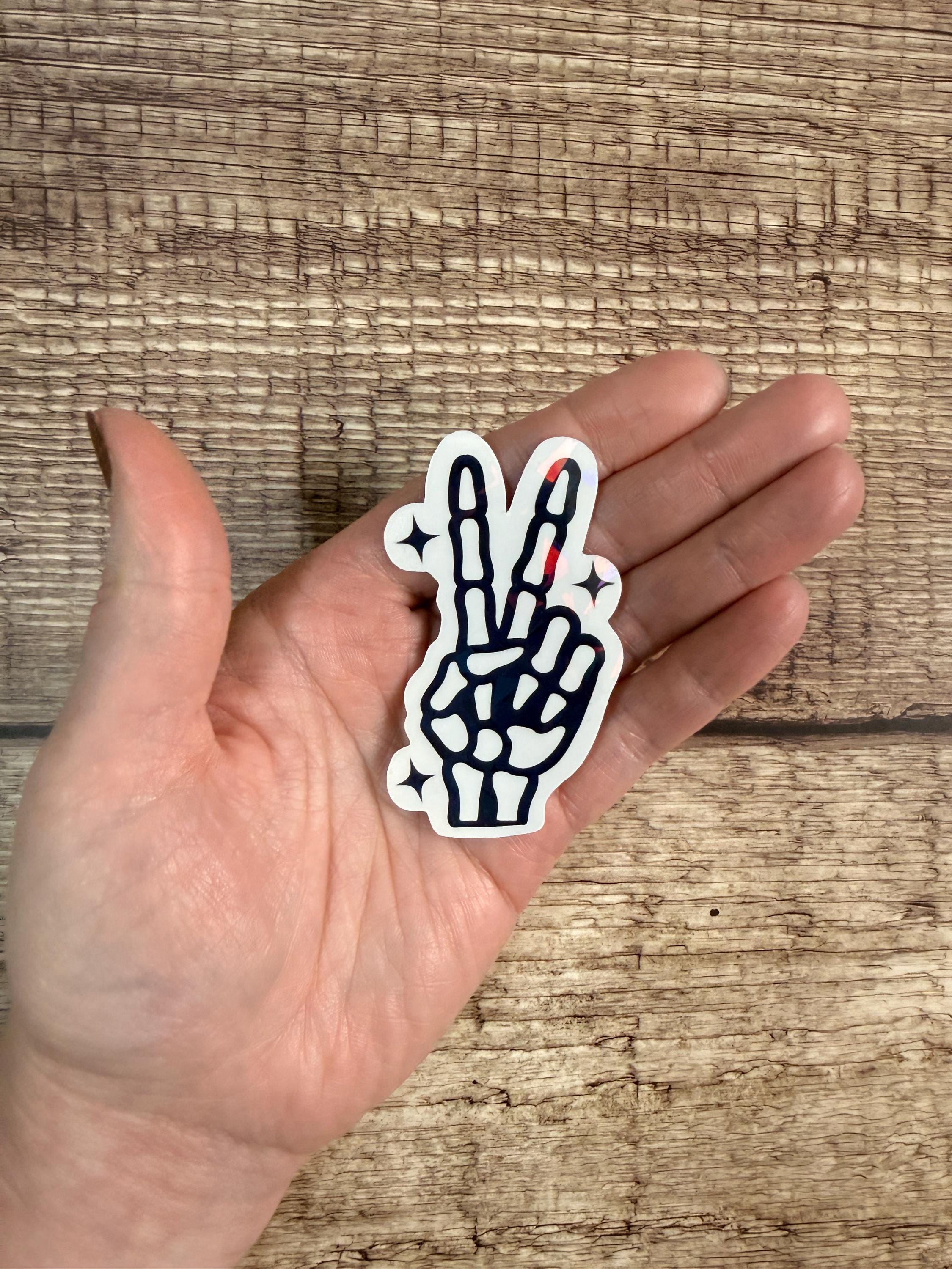 Holographic Halloween Waterproof Sticker – Skeleton Peace Sign Vinyl Decal Gift