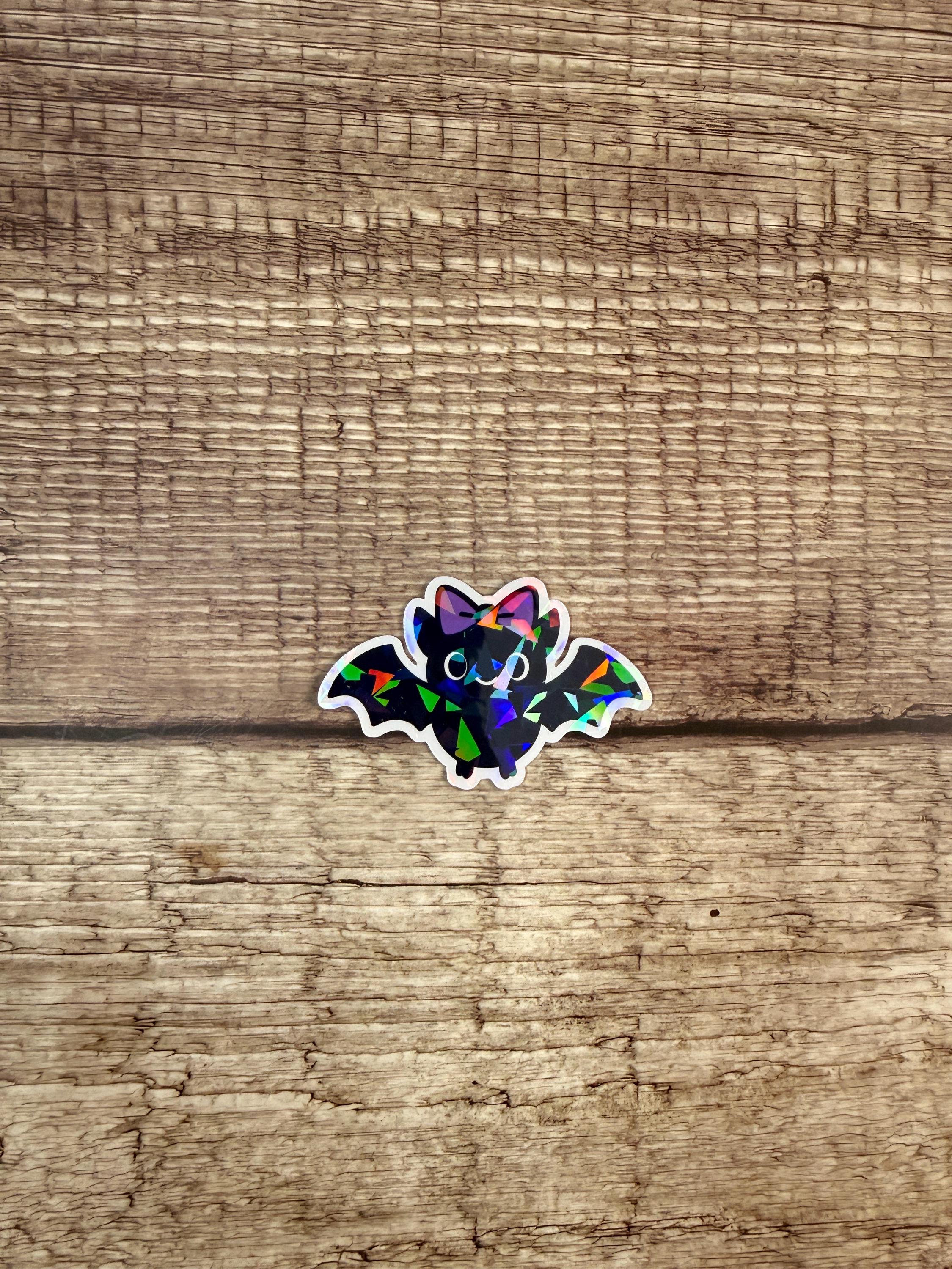 Holographic Halloween Waterproof Sticker – Cute Bat with Bow Vinyl Decal Gift