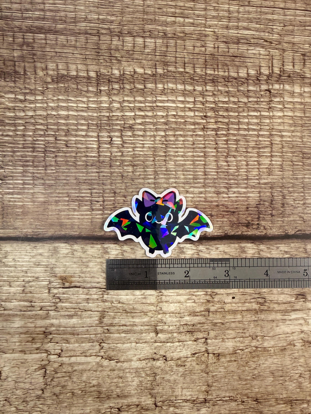 Holographic Halloween Waterproof Sticker – Cute Bat with Bow Vinyl Decal Gift
