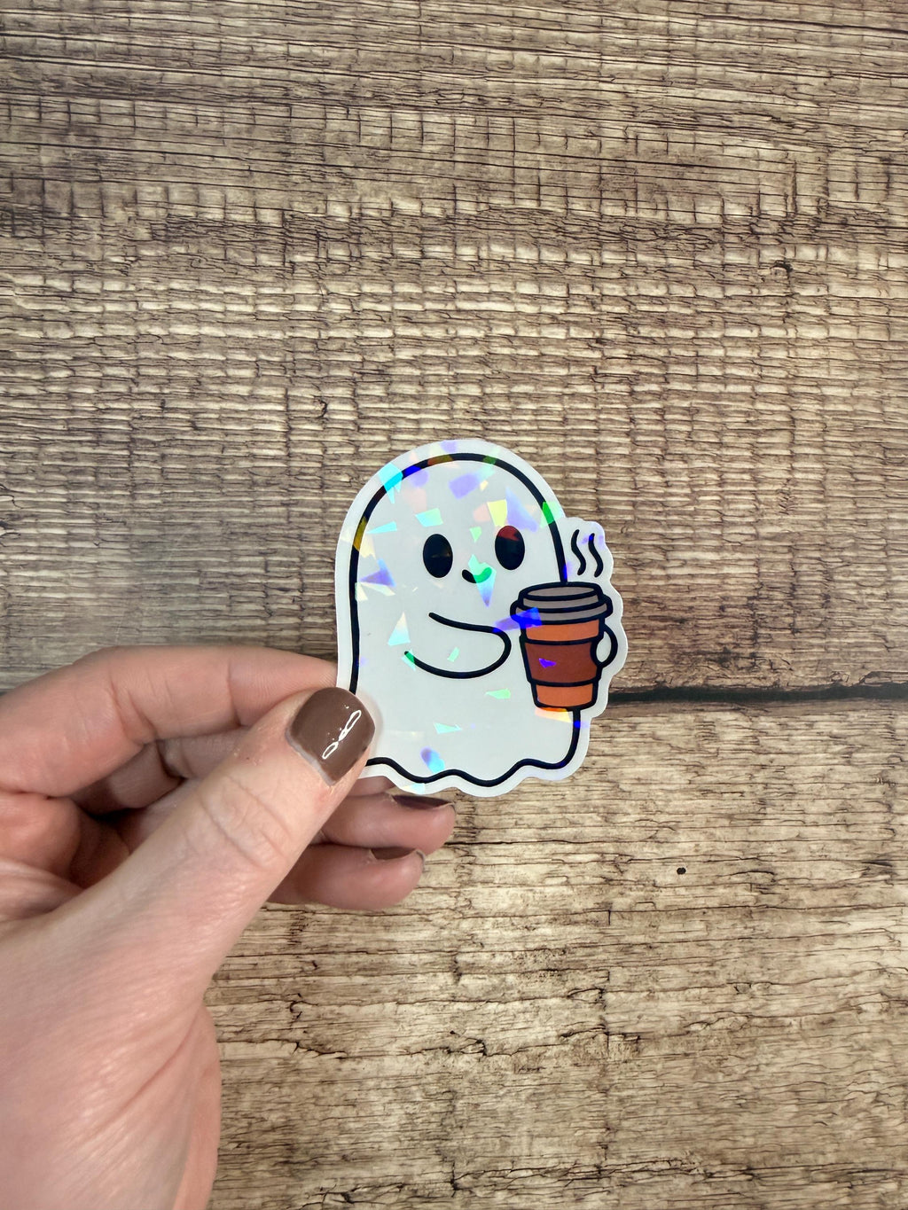 Holographic Halloween Waterproof Sticker – Cute Ghost with Coffee Vinyl Decal Gift