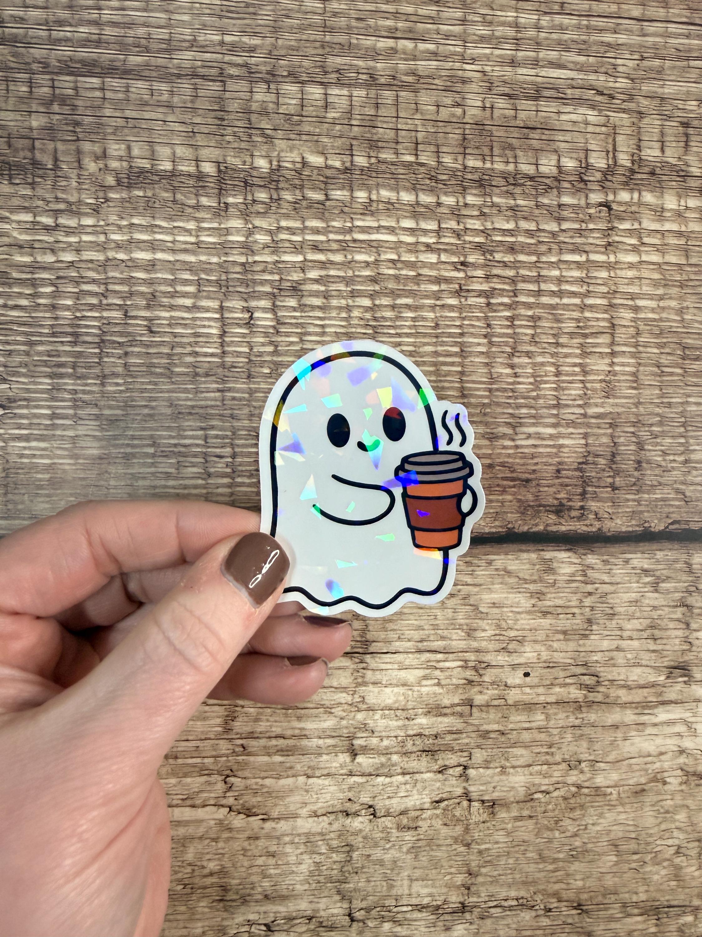 Holographic Halloween Waterproof Sticker – Cute Ghost with Coffee Vinyl Decal Gift