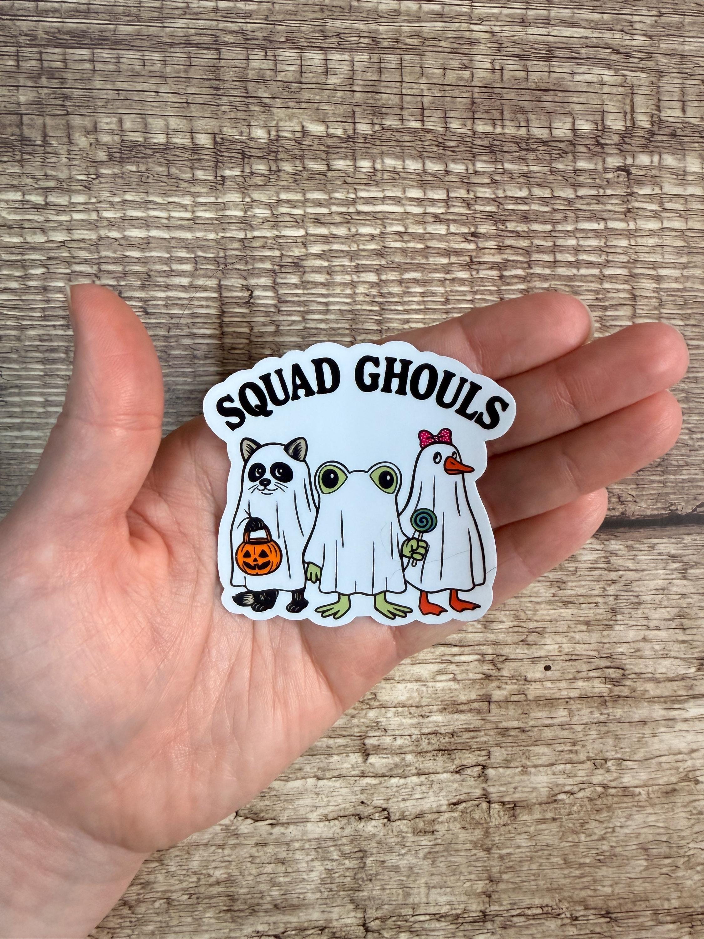 Cute Halloween Waterproof Sticker "Squad Ghouls" Raccoon, Frog, Goose Ghosts Vinyl Decal